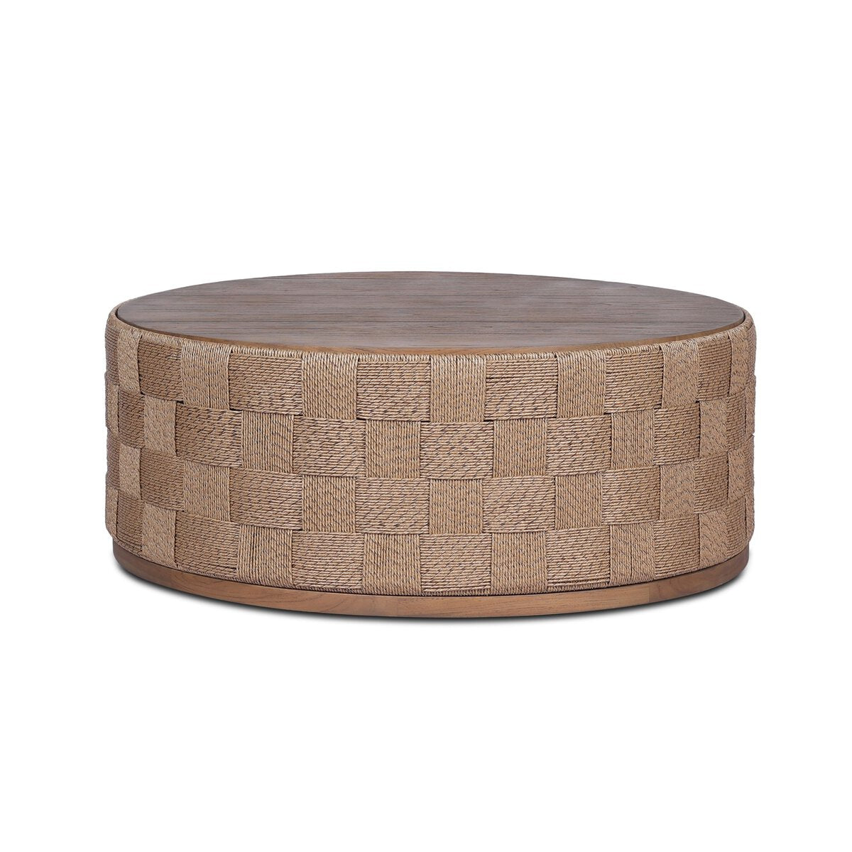 The Brandt Outdoor Coffee Table features a round woven base with a wooden top and basket-like texture, highlighting modern style against a white background.