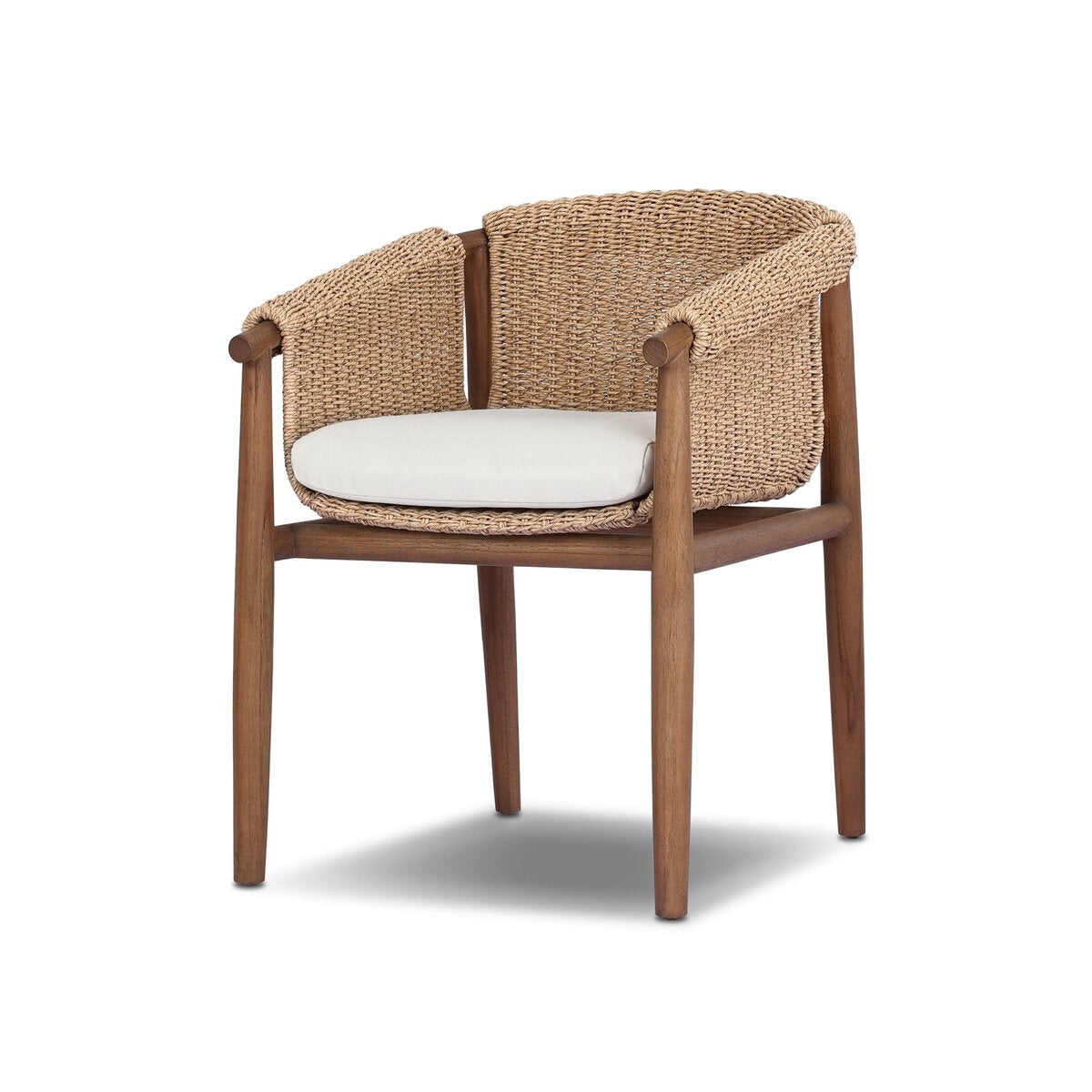The Woven Outdoor Dining Chair features a wooden frame, woven rattan back and sides, and a white seat cushion, blending modern design with vintage inspiration. Shown on a white background.