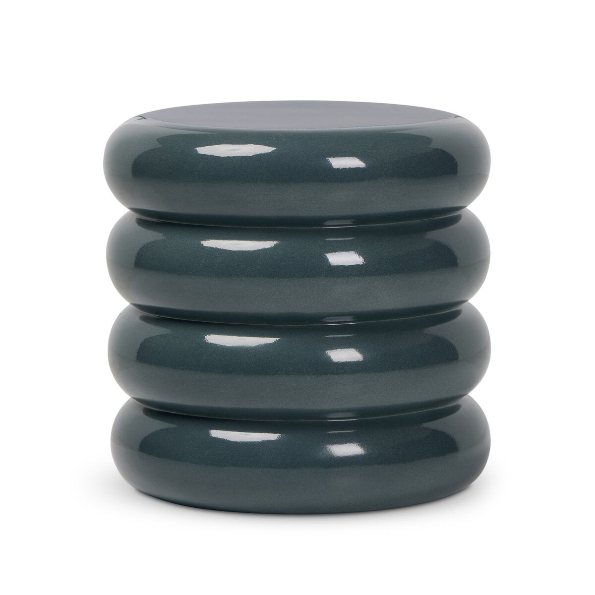 The West End Table is a glossy, dark green ceramic stool with a stacked, rounded ribbed design that resembles four smooth discs. It doubles as a stylish accent table, adding both function and flair to any space.