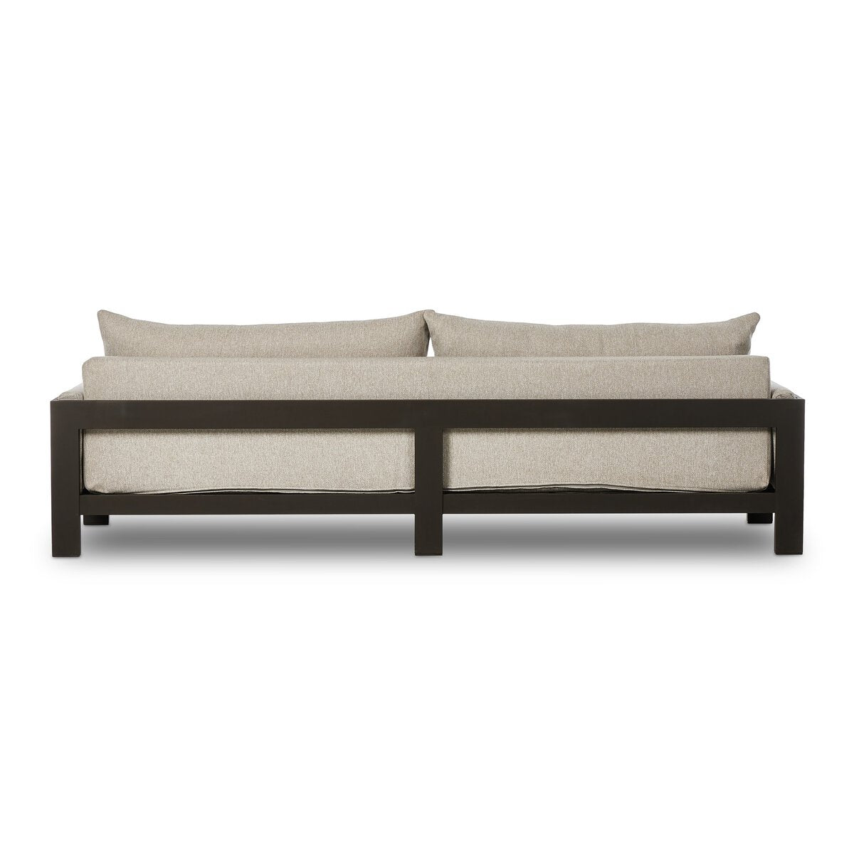 The Outdoor Metal Sofa features a minimalist design with clean lines, a dark metal frame, and light beige cushions. Viewed from the back, two rectangular back pillows rest against the sleek frame for modern outdoor style.
