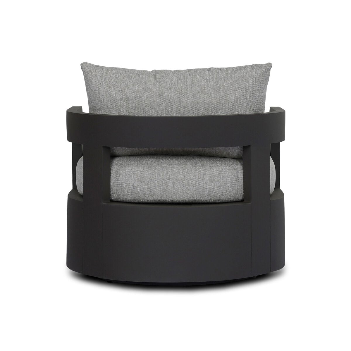 The Outdoor Metal Swivel Chair features a matte black circular metal frame, thick seat cushion, and rectangular back cushion in crisp light grey upholstery, shown from the back.
