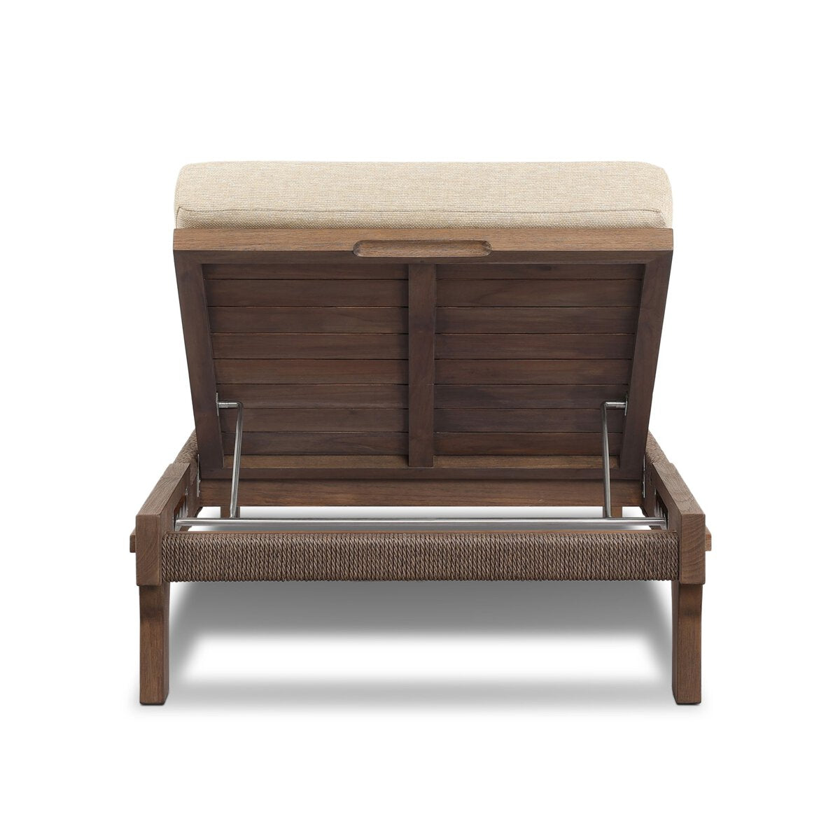 The Solid Teak Outdoor Chaise features a beige, UV-resistant cushion and an adjustable backrest supported by metal hinges. The wooden frame is accented with woven rope details at the base and is shown from the back.