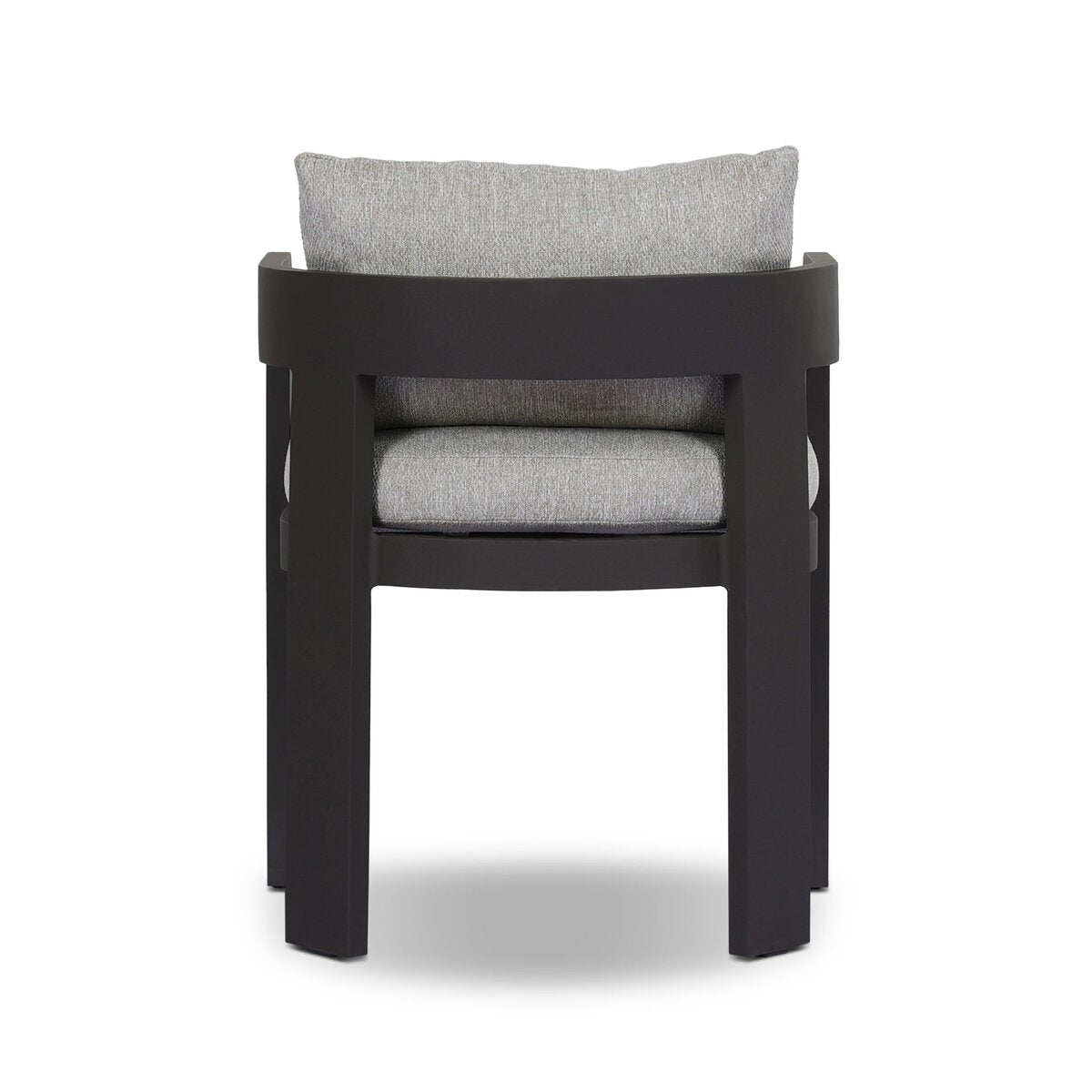 The Outdoor Metal Dining Chair features a sleek black metal frame, sturdy legs, and light gray upholstered seat and back cushions, displayed against a white background.