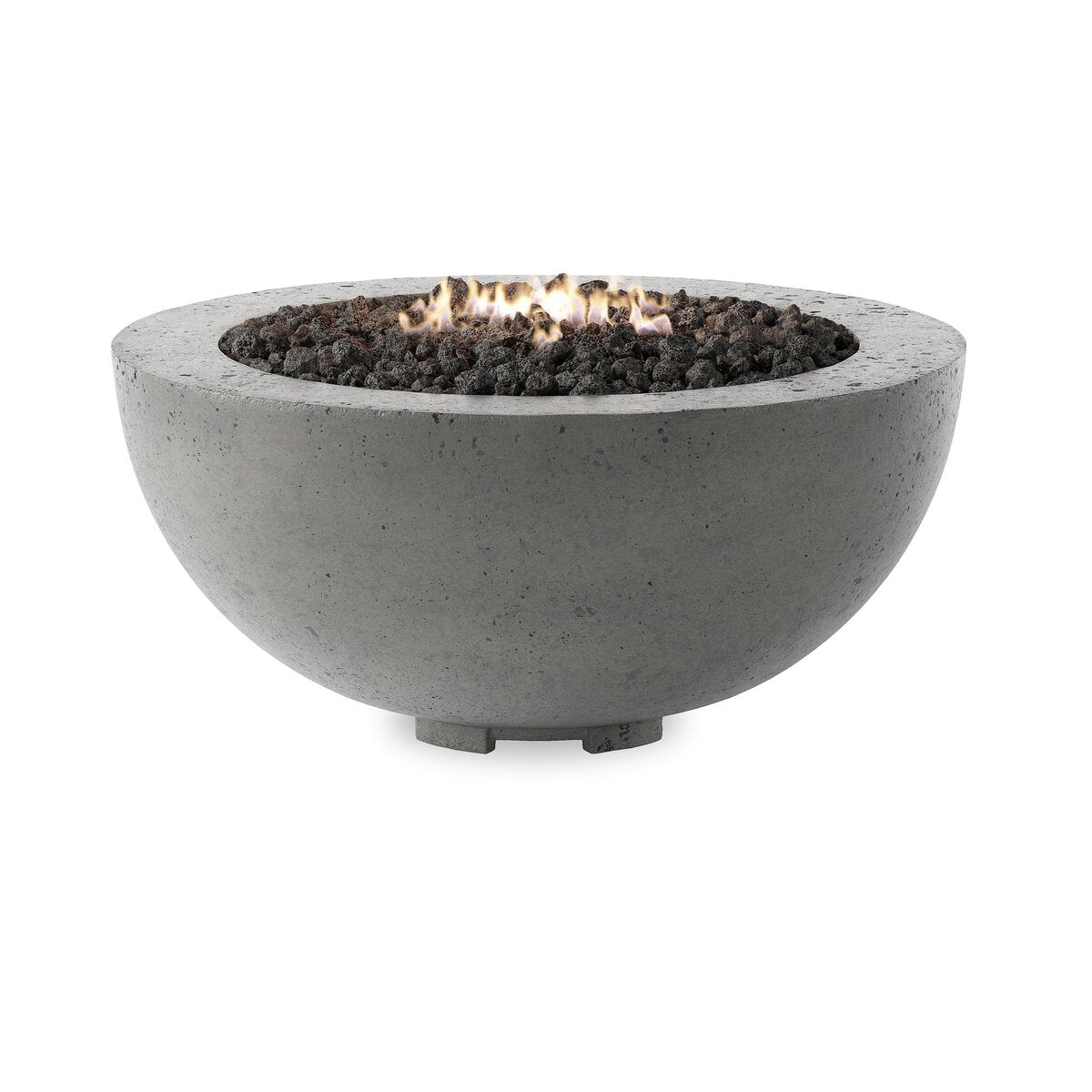 The Domed Outdoor Fire Table features a modern round design crafted from glass-reinforced concrete with a smooth finish, black lava rocks, and a vibrant central flame, all set against a plain white background.