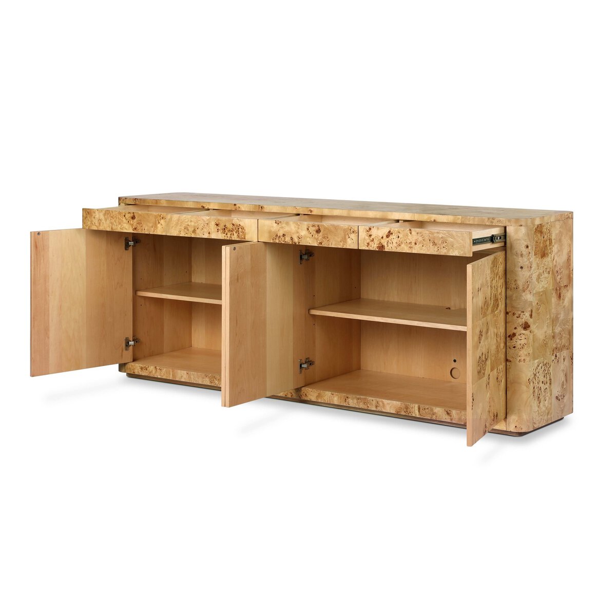 The Mappa Burl Sideboard is a light, unique wood plinth-base piece with two push-latch doors and two drawers. Both doors open to shelves inside, and the front and sides feature a marble-like finish.