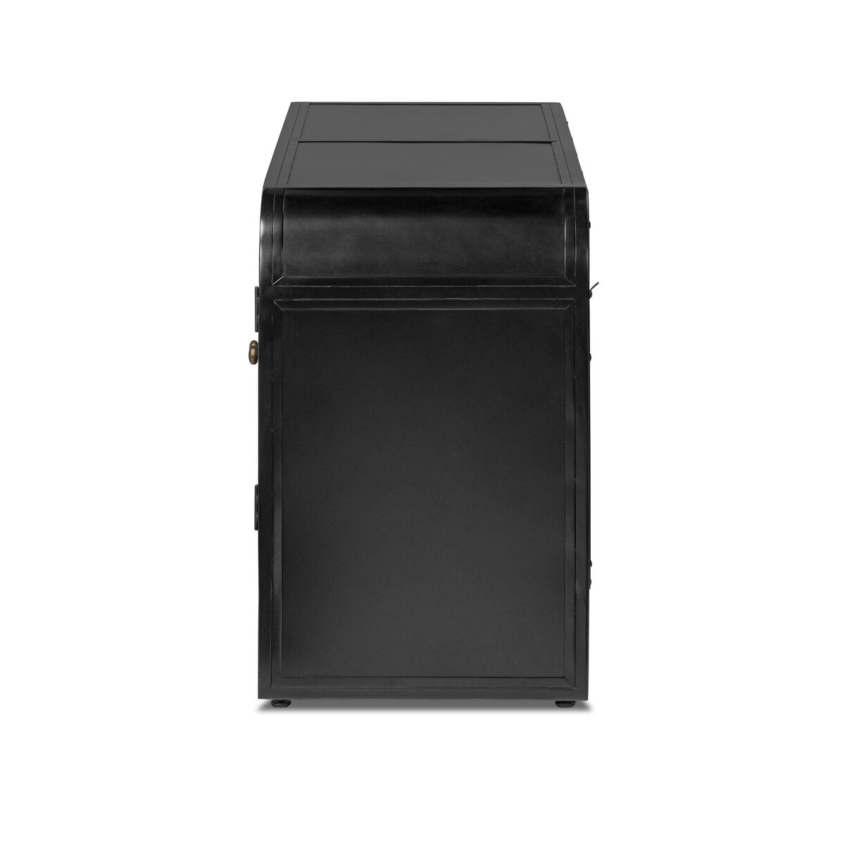Side view of the Iron Media Console, a tall rectangular black iron cabinet with a smooth finish and left-side lock, ideal for media storage, shown against a white background.
