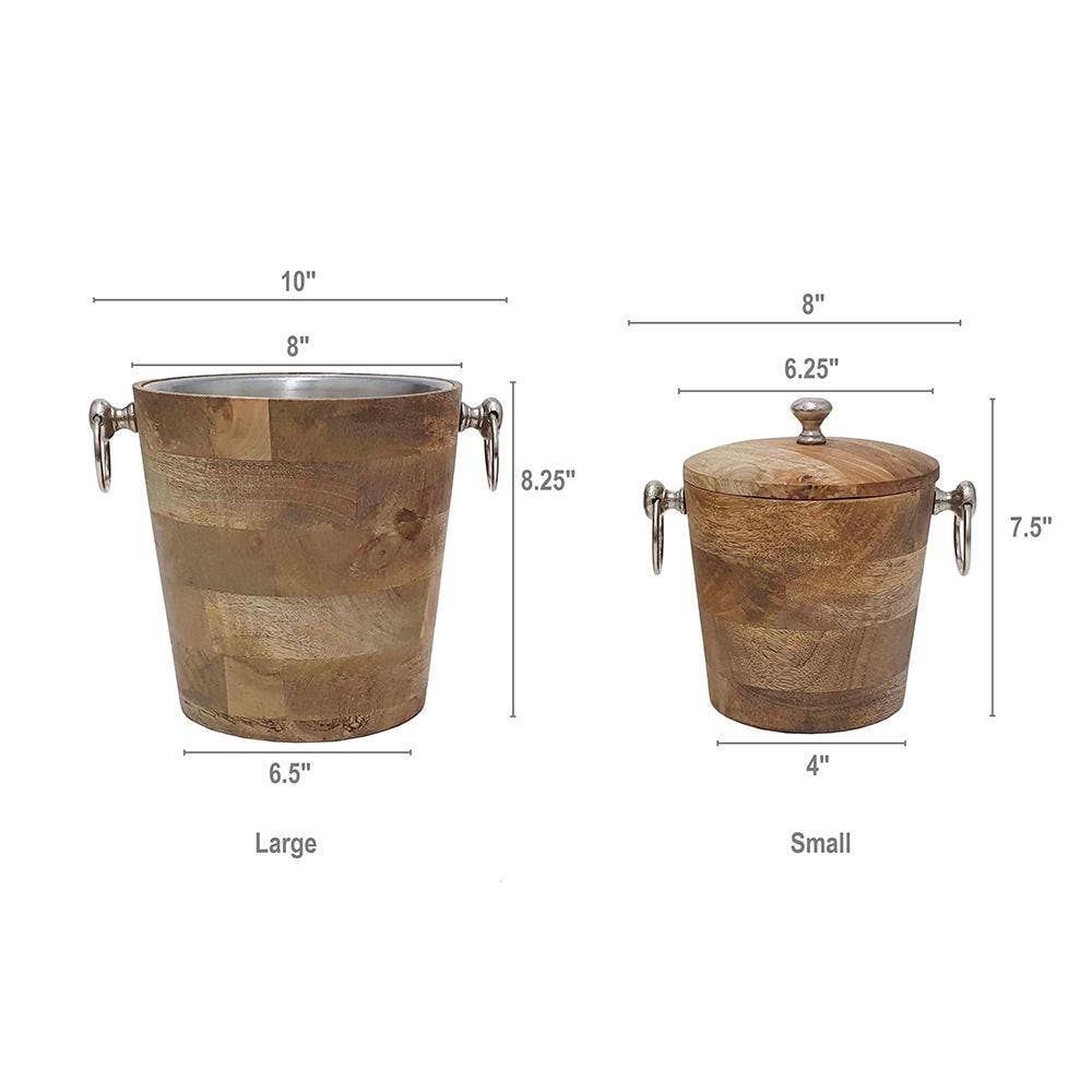 The Mango Wood Bar Buckets (Set of 2) are shown side by side: the large bucket is 10" wide by 8.25" tall, and the small storage bucket with lid is 8" wide by 7.5" tall. Both buckets feature metal handles and visible diameter measurements.
