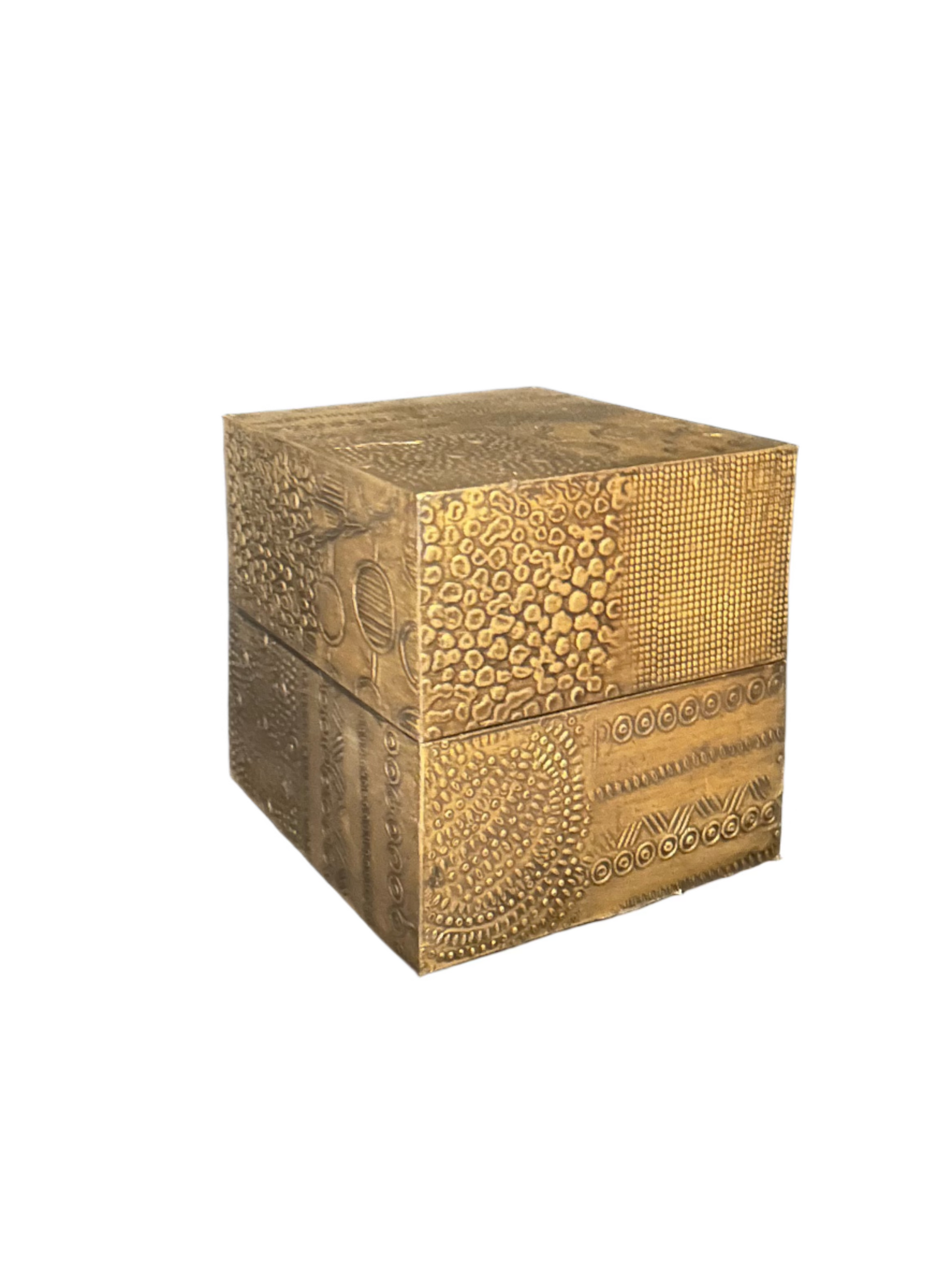 A 5-inch square Etched Brass Box with intricate textured patterns on all sides, metallic gold finish, displayed against a plain white background.