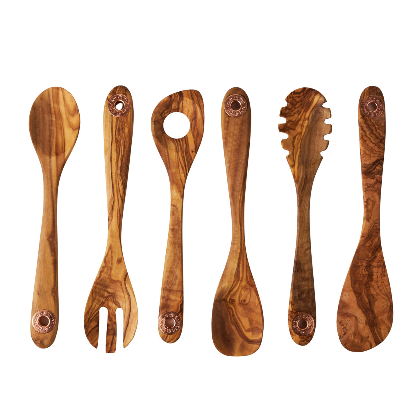 The Olivewood Utensils Set features six uniquely shaped kitchen tools—spoon, fork, spatula, pasta server, and more—arranged vertically side by side against a white background.
