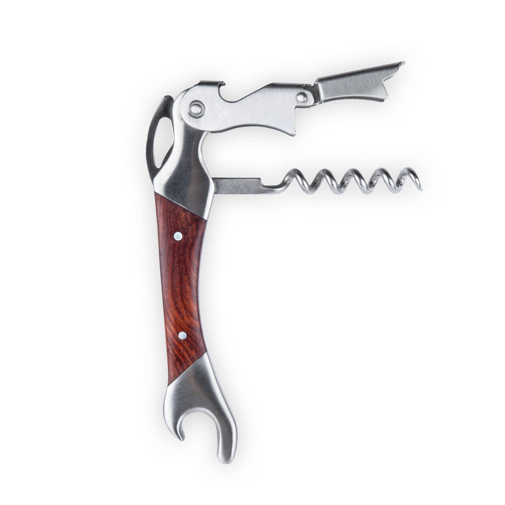 The Rosewood DoubleHinged Corkscrew and Foil Cutter features a wooden handle, built-in bottle opener, and foldout foil cutter, all in one professional tool isolated on a white background.