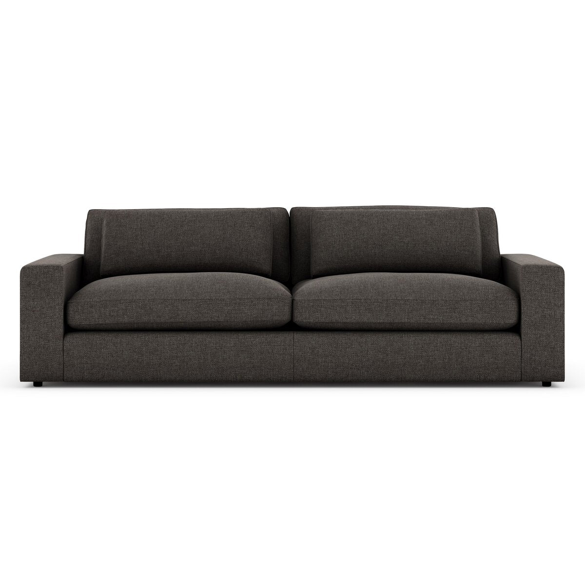 The Modern Low Loveseat is a dark gray fabric sofa with wide armrests and deep seat cushions, shown from the front on a white background to showcase its sleek style and spacious design.