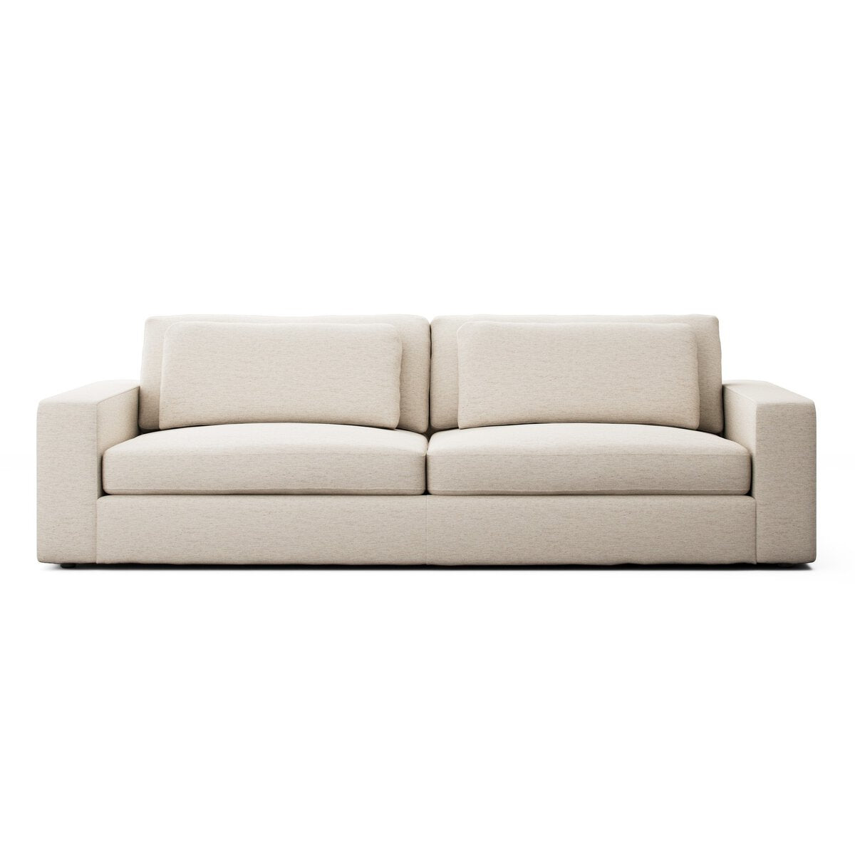The Modern Low Loveseat is a minimalist beige sofa with two seat and back cushions, plus wide square armrests, shown front-facing on a white background—perfect for any room thanks to its compact modern design.