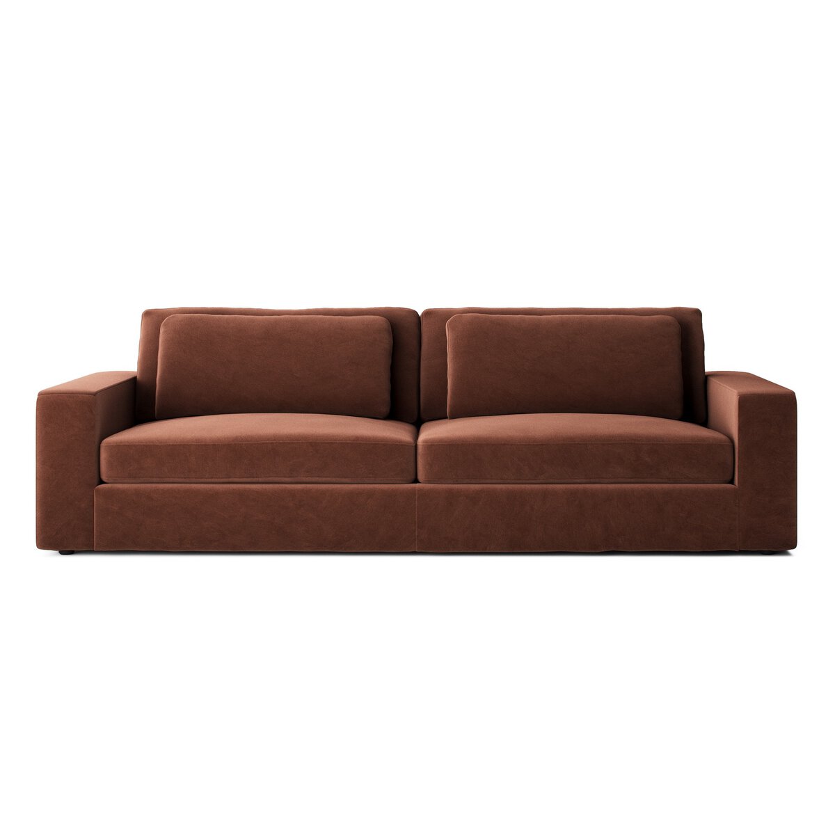 The Modern Low Loveseat is a brown sofa with wide block arms and two large seat and back cushions, shown against a plain white background. Check the Modern Low Loveseat dimensions to ensure it fits your living space perfectly.