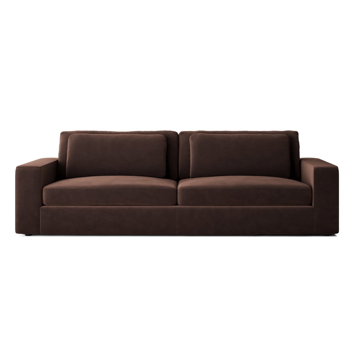 The Modern Low Loveseat is a stylish, dark brown two-seater with wide square arms and plush cushions, shown on a white background—ideal for compact spaces where exact sofa dimensions are important.