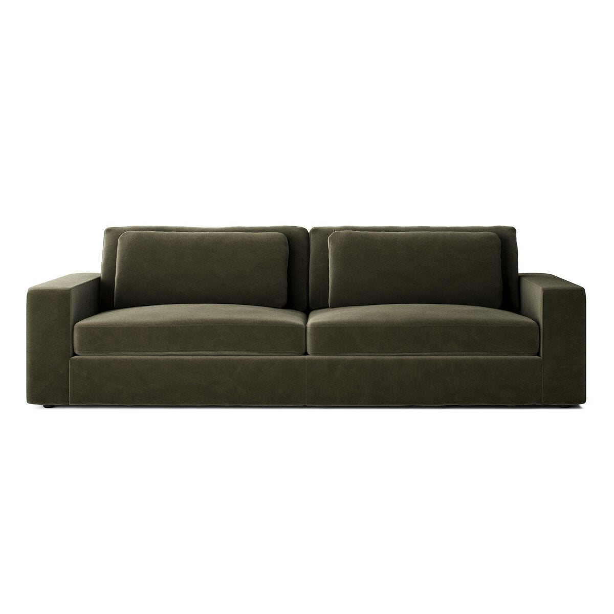The Modern Low Loveseat is a dark green sofa with wide armrests, two seat cushions, and two large back cushions—blending comfort and style, its sleek design fits perfectly in any space.