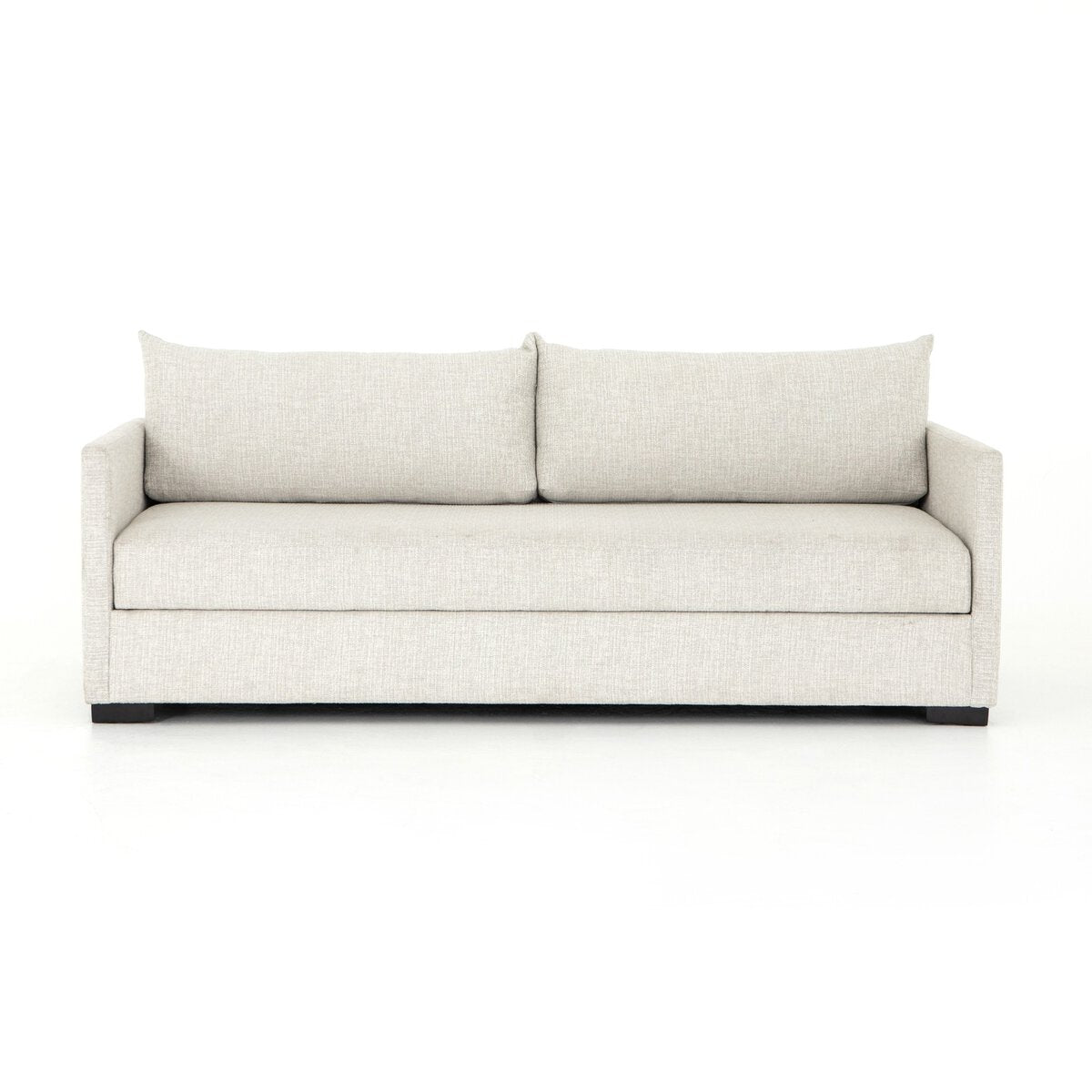 The Wickham Sleeper Sofa is a modern, light beige sofa featuring two large back cushions, straight arms, and a minimalist design—perfect for contemporary spaces—shown here against a plain white background.