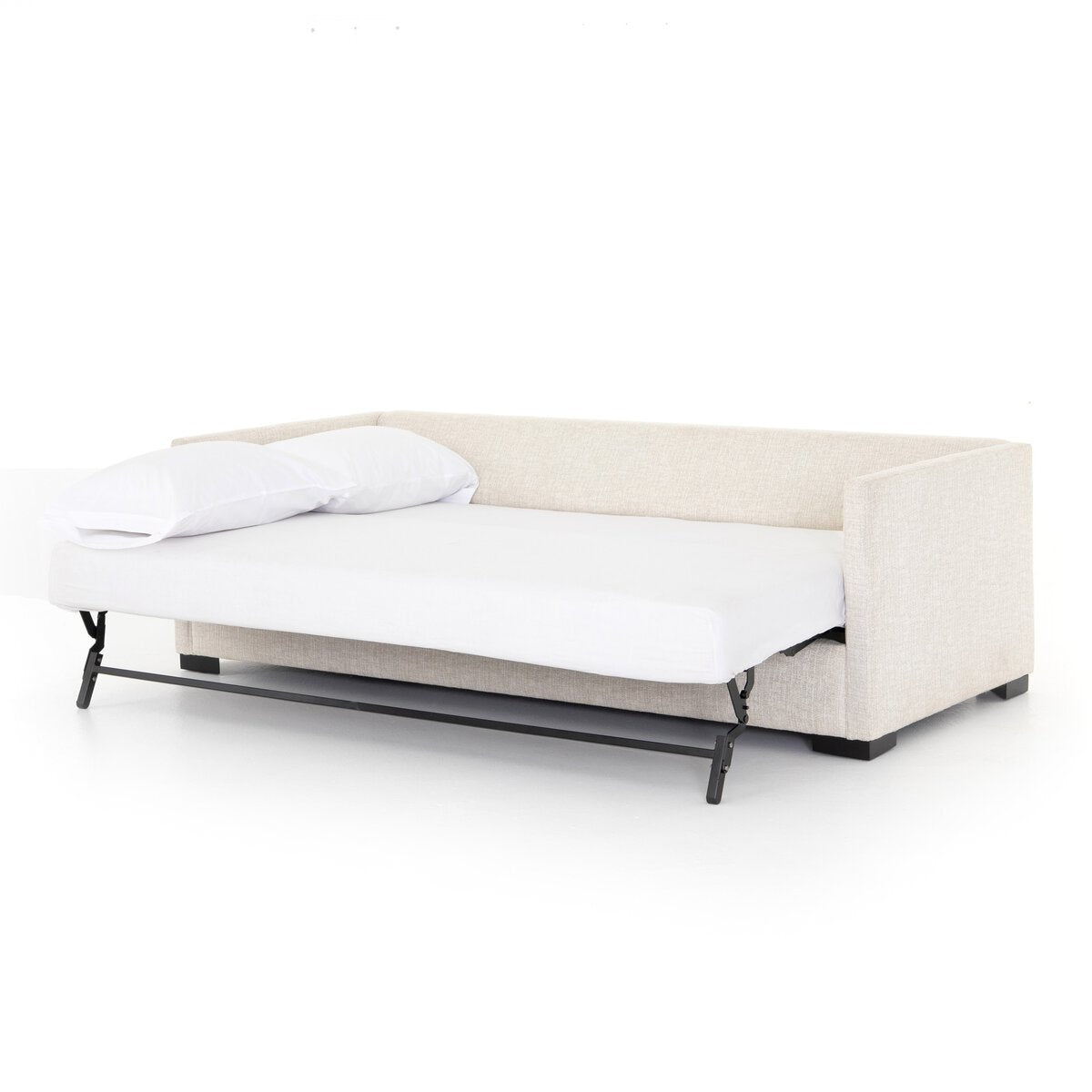 The Classic Sofa Bed, upholstered in beige, features a pull-out queen bed with a white mattress and two white pillows, set against a plain white background.