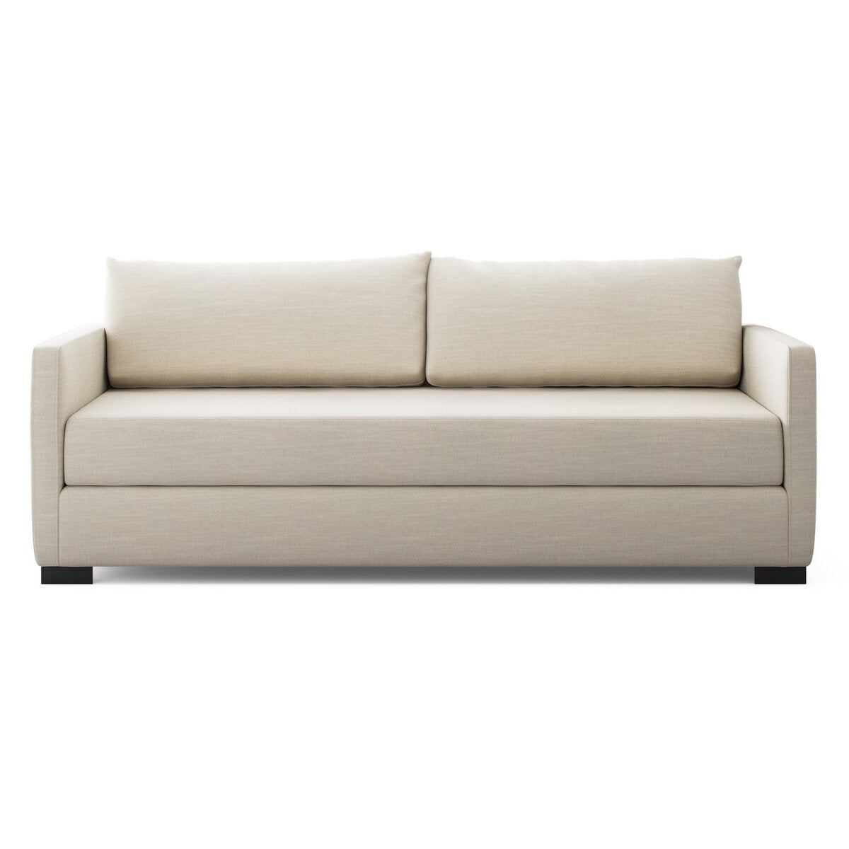 The Classic Sofa Bed, with a modern boxy design, light beige upholstery, straight armrests, two back cushions, and short black legs, is shown from the front against a white background.