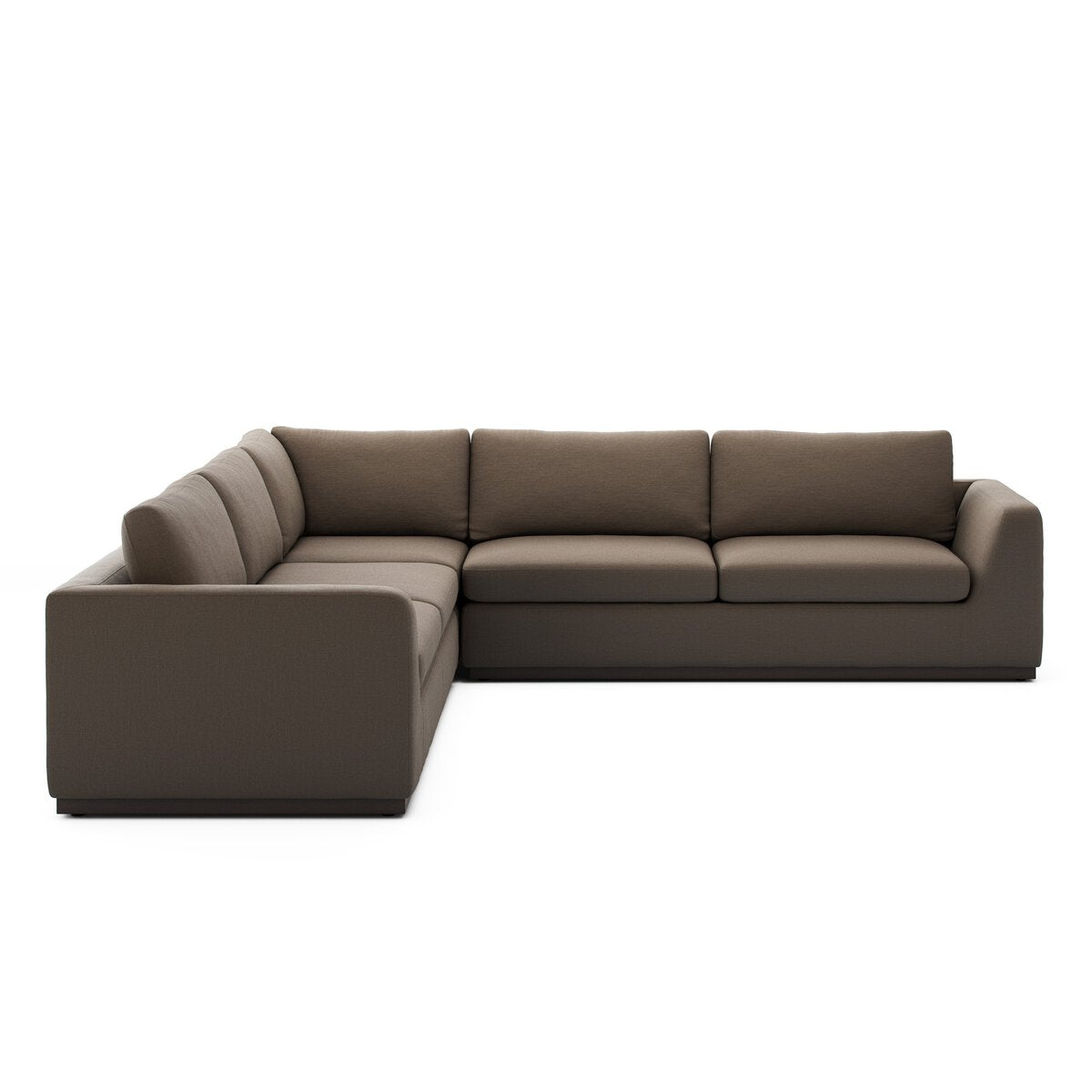 The Simple Modular Corner Sectional is a modern, brown L-shaped sofa crafted from heirloom leather, featuring wide armrests and three seat cushions, shown against a plain white background.