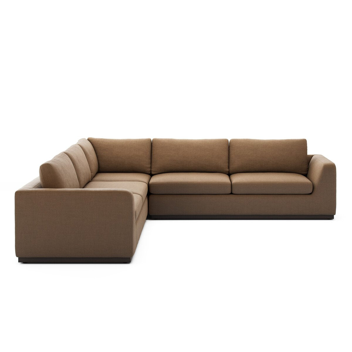The Simple Modular Corner Sectional is a large L-shaped sofa with wide, low armrests and plush seat and back cushions, upholstered in heirloom Italian leather, shown against a plain white background.