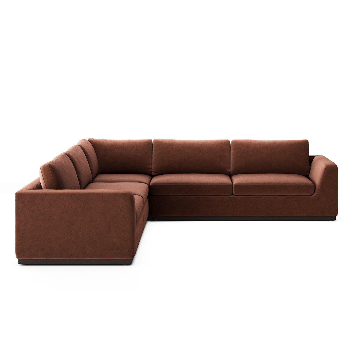 The Simple Modular Corner Sectional, an L-shaped sofa with wide armrests and plush brown heirloom leather—crafted from upcycled Italian hides—is shown against a white background.