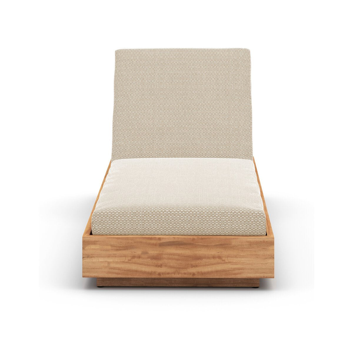 The Kinta Outdoor Chaise Lounge, featuring a light beige cushioned seat and backrest in a rectangular light wood frame, is shown from the front against a white background. Dimensions: 78.75"w x 27.50"d x 12.00"h.