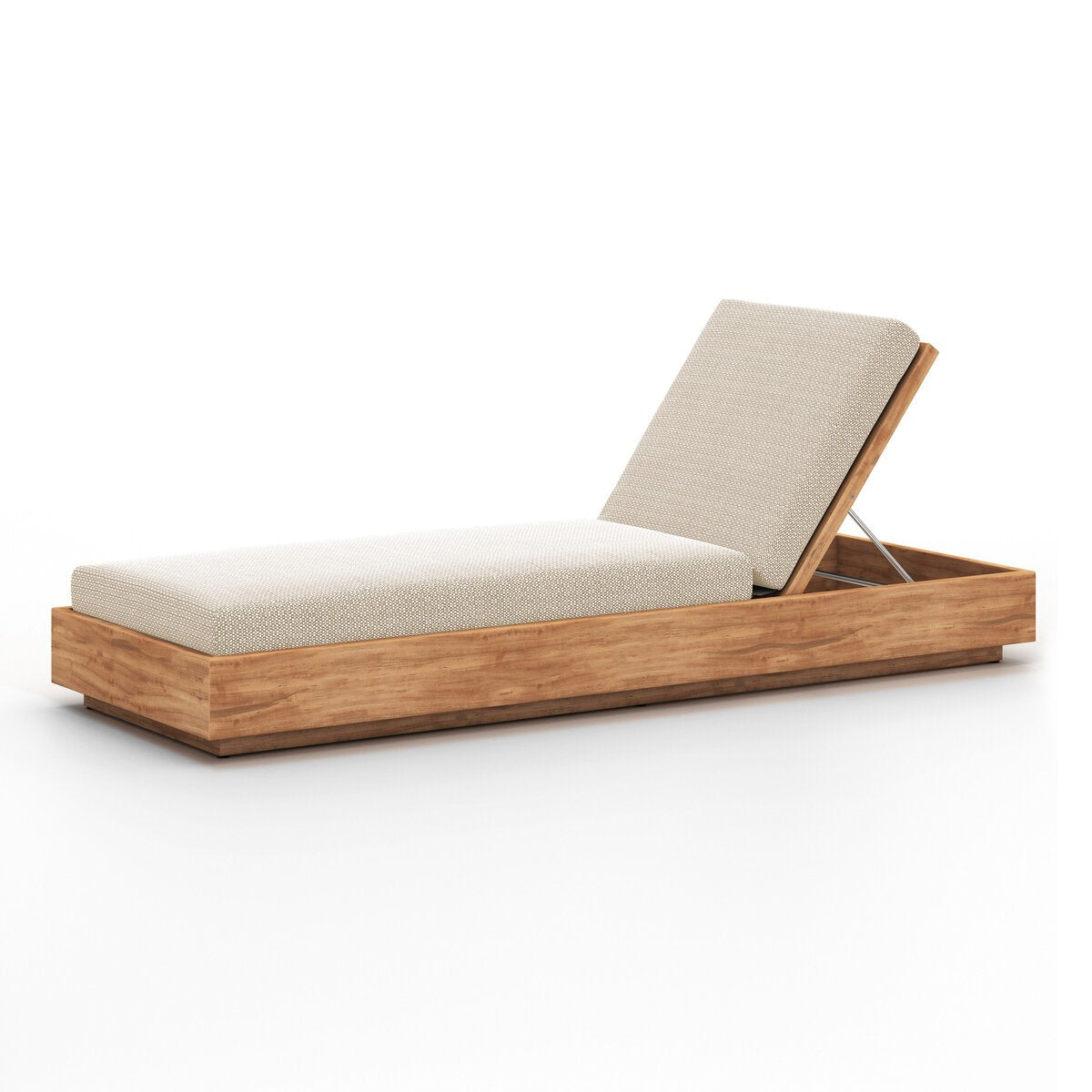 The Kinta Outdoor Chaise Lounge is a modern wooden piece with a light beige cushioned seat, adjustable backrest, and overall dimensions of 78.75"w x 27.50"d x 12.00"h, shown against a white background.