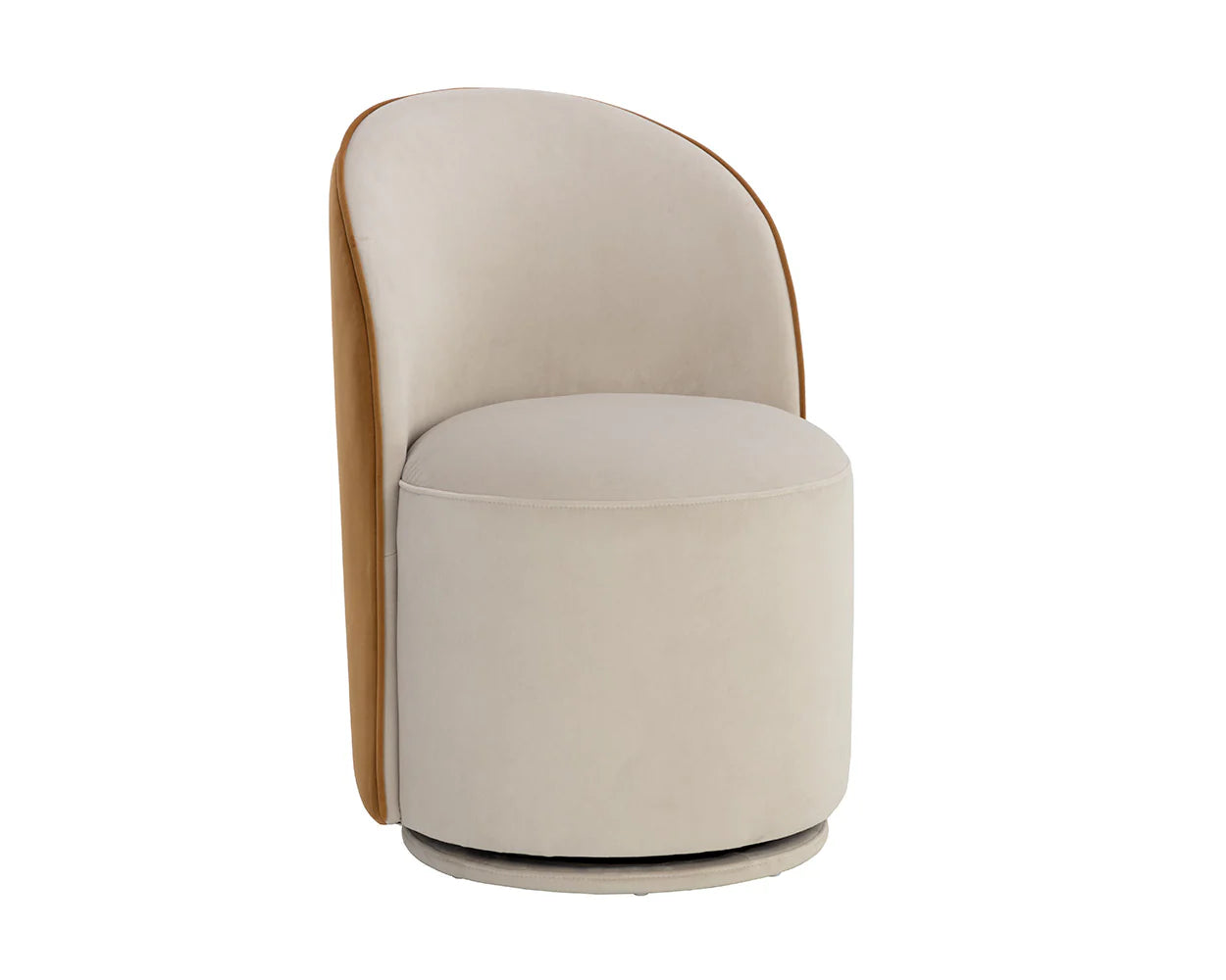 The Taupe|Gold Swivel Dining Chair is a modern accent piece with a rounded backrest and seat in light beige fabric, light brown outer back, smooth minimalist design, and hidden legs for a sleek 24-inch profile.