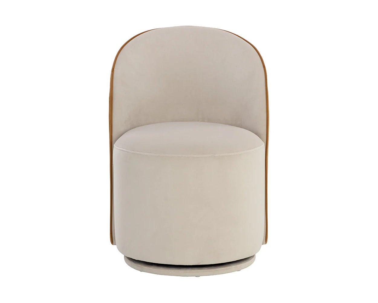 The Taupe|Gold Swivel Dining Chair features a modern design with a rounded high back, plush circular seat, light beige upholstery, and a contrasting brown edge for stylish, armless comfort.