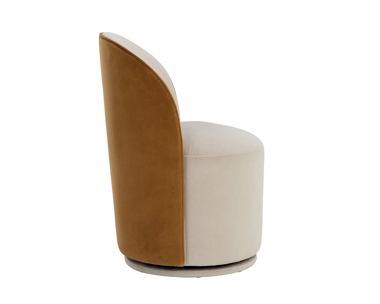 The Taupe|Gold Swivel Dining Chair features a round, upholstered seat with a light beige front and camel brown backrest, seen in profile; a stylish 24-inch option perfect for contemporary dining spaces.