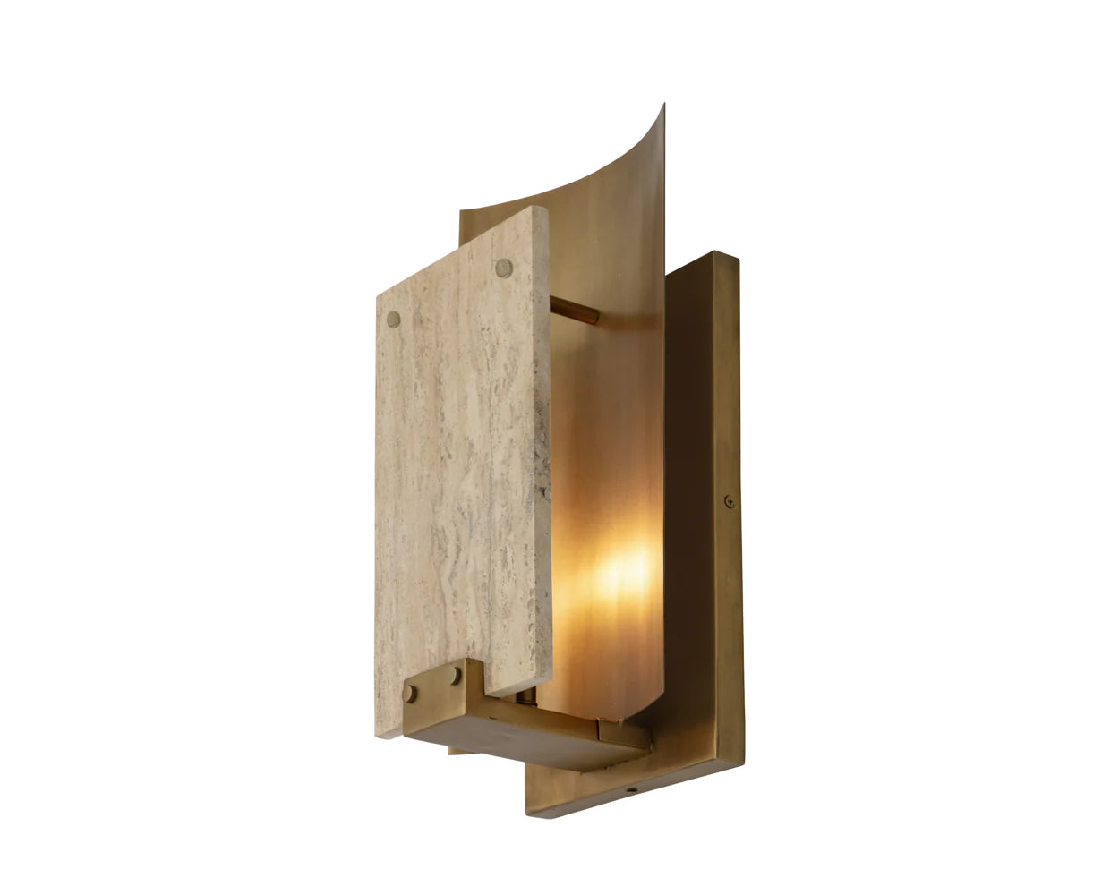 The Travertine Sconce showcases a brushed brass base and a rectangular travertine stone panel that partially covers the bulb, bringing modern geometric style and warm illumination to any room.