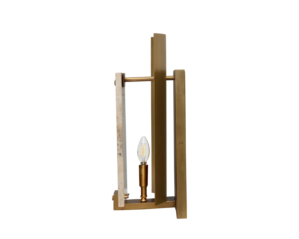 The Travertine Sconce features a gold metal frame, vertical rectangular panels, and an exposed bulb in a vertical socket, set against a white background.