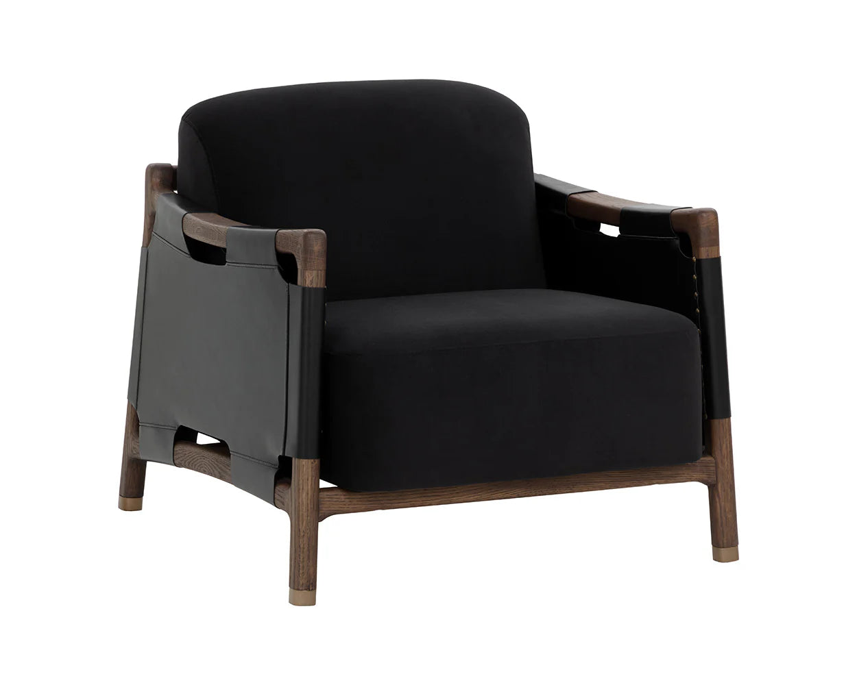 The Black Leather Lounge Chair features a black cushioned seat and backrest, an open-sided solid oak frame, and elegant Italian leather straps for a sophisticated modern look.