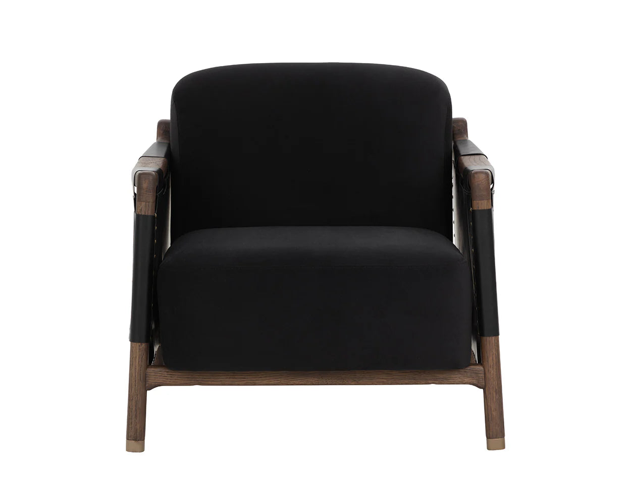 Front view of the Black Leather Lounge Chair featuring a solid oak frame, black cushioned seat and backrest, Italian leather straps, and black armrest accents, set against a white background.