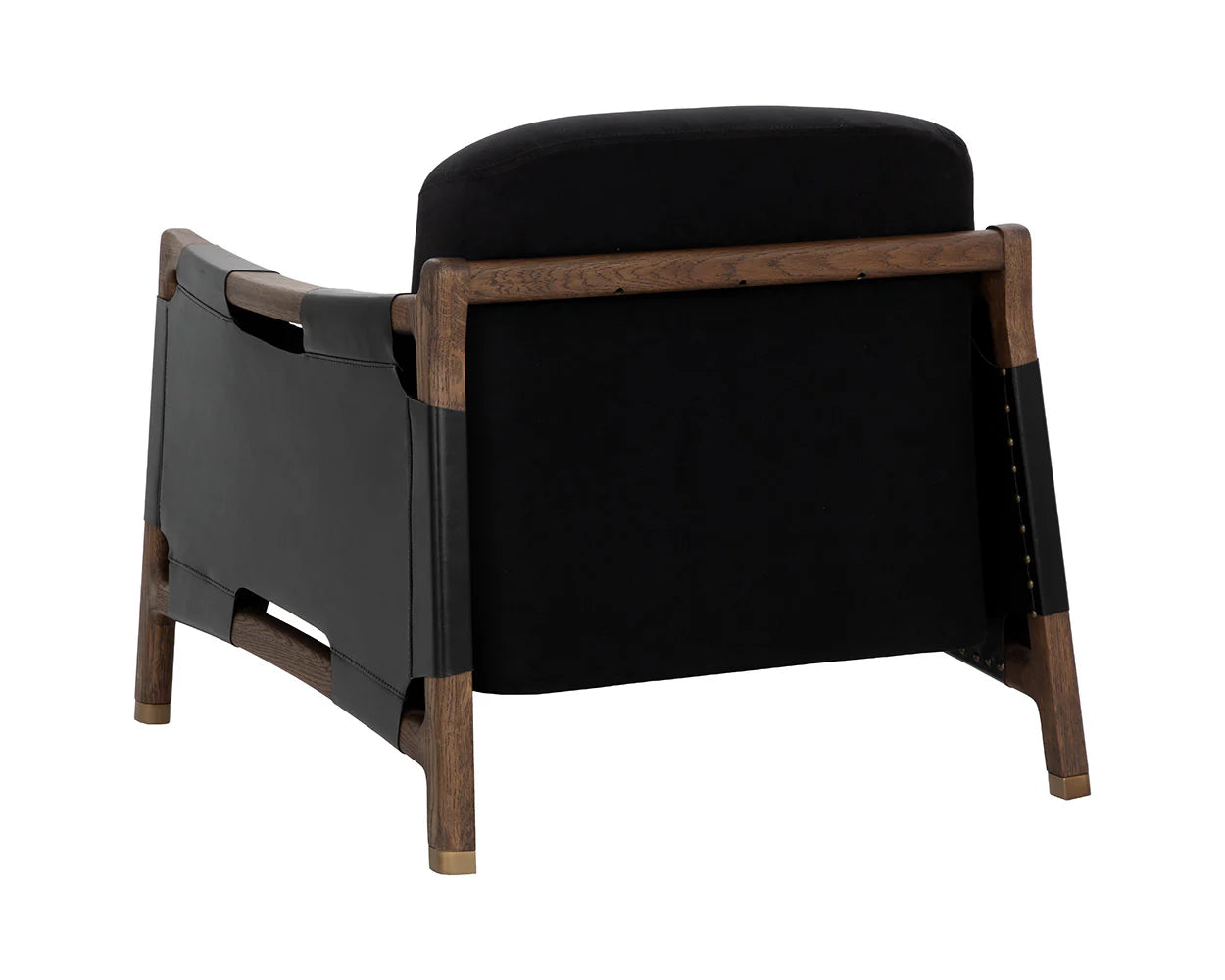 The Black Leather Lounge Chair features a solid oak frame, black leather side panels, and a black upholstered backrest with Italian leather straps, shown from the back against a white background.
