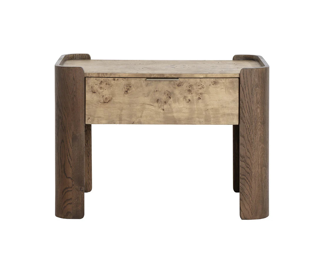 The Two-Toned Wooden Nightstand features a minimalist design with smooth edges, a lighter wood drawer, rounded dark legs, and elegant mappa burl veneer details.