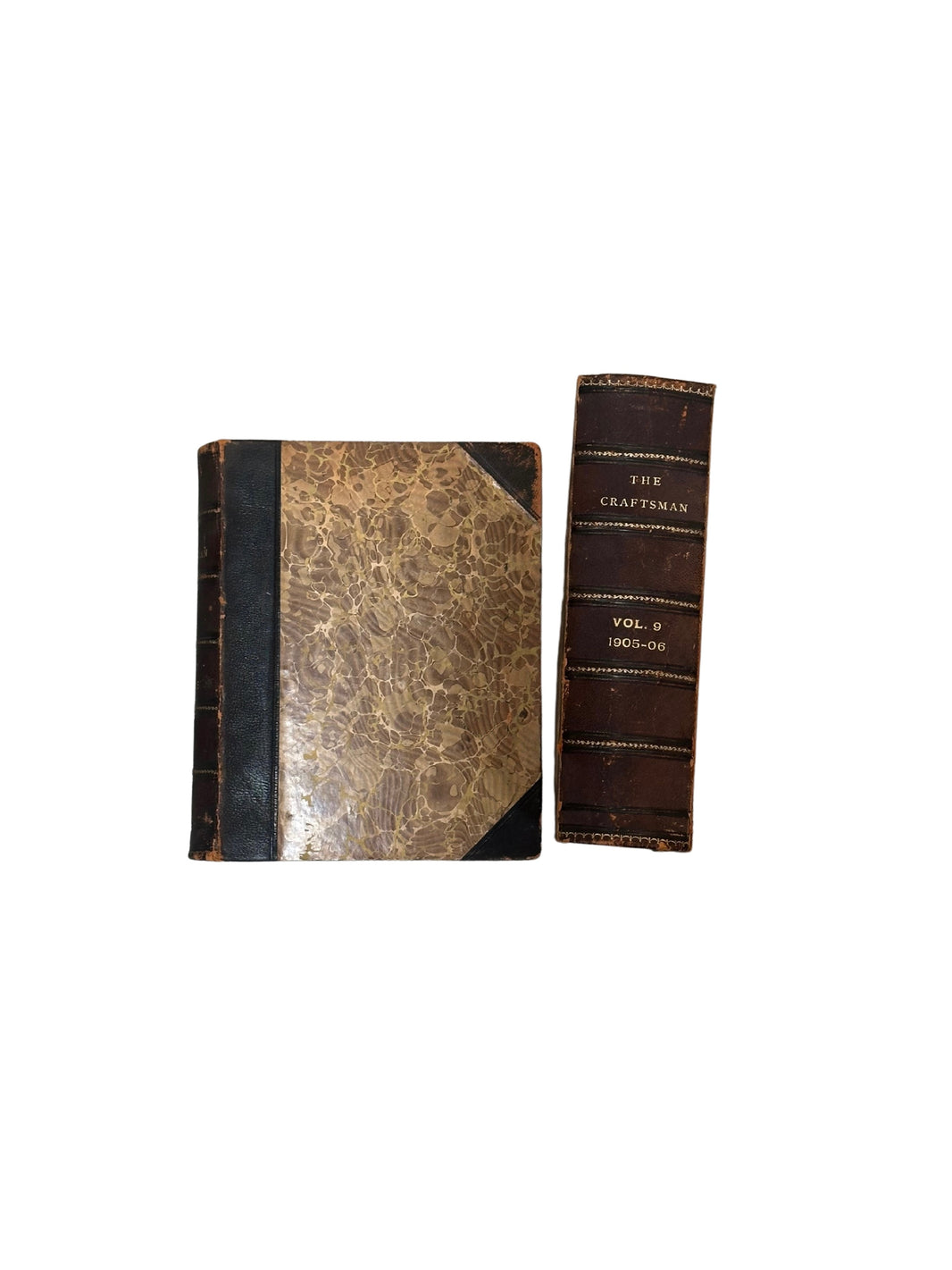 The Pair of Craftsman Books includes two vintage volumes: one open with a marbled brown cover and black spine, the other displaying its spine labeled "The Craftsman Vol. 9 1905-06" in gold on dark brown.