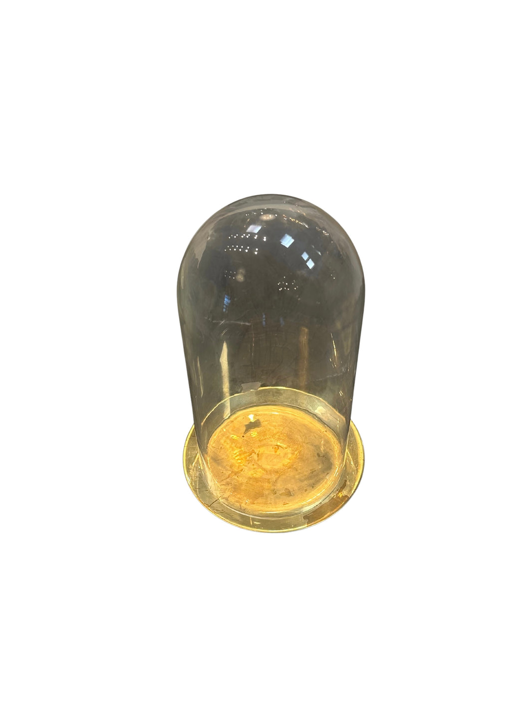 The Gold Plate and Cloche features a transparent glass dome atop a golden base, showcased against a plain white background.