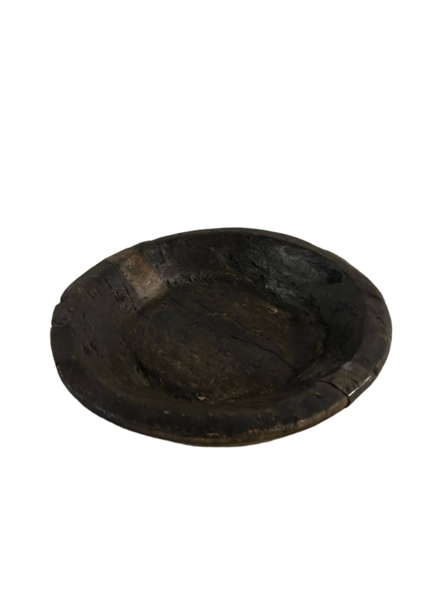 The Charcoal Wood & Metal Trim Platter is a shallow, round serving tray with a dark charcoal finish, rustic wood texture, and visible cracks, displayed against a white background.