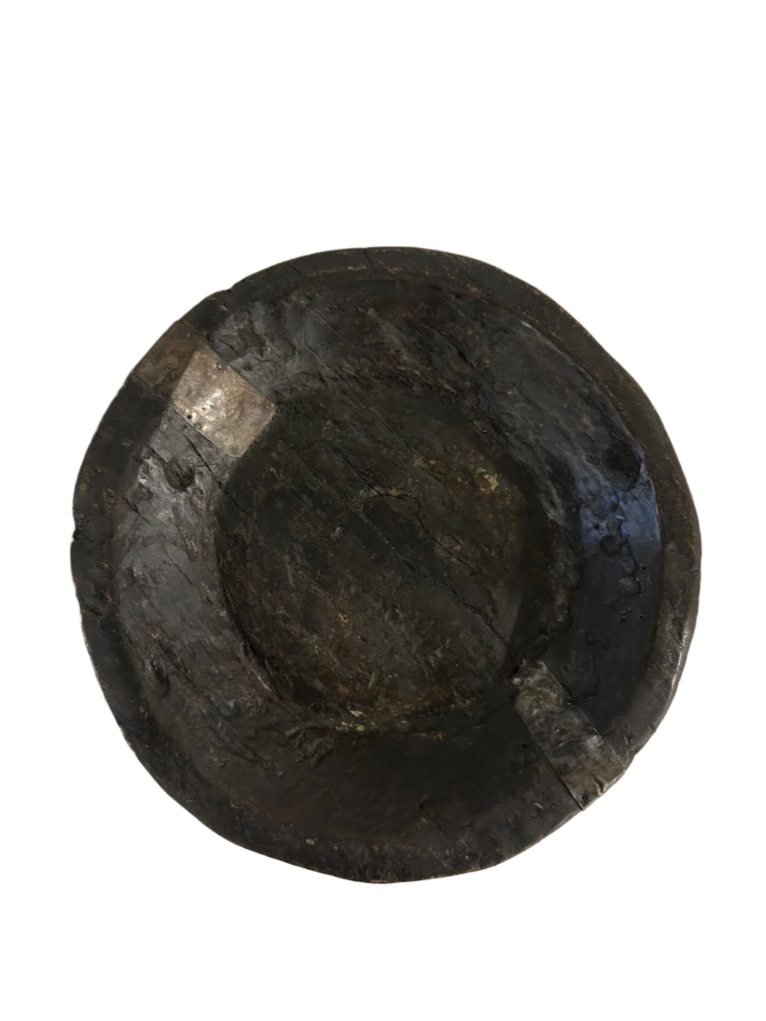 The Charcoal Wood & Metal Trim Platter is a 15-inch round serving tray crafted from dark wood with a textured, uneven surface and visible grain, shown from above against a white background.