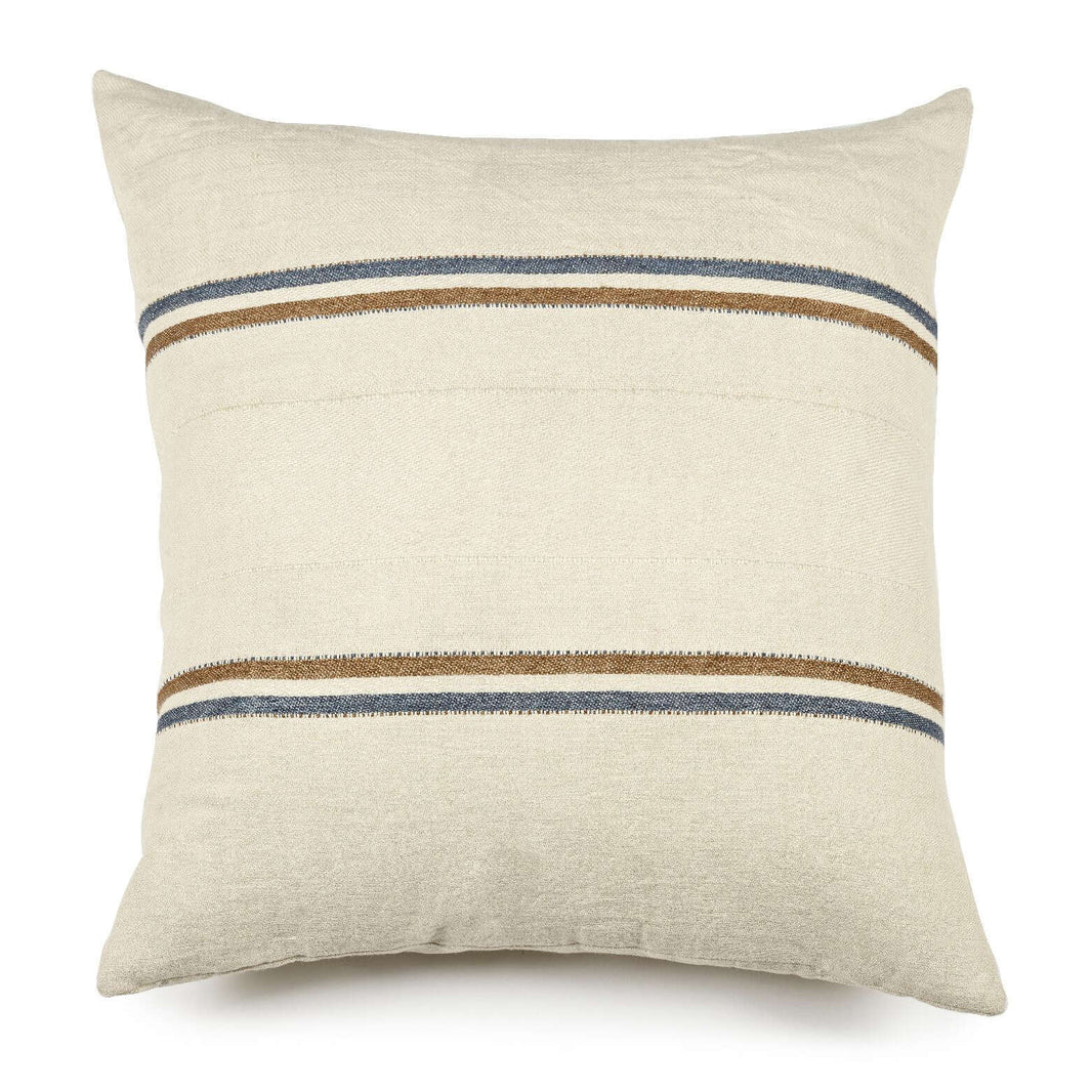 Striped Ecru Linen Pillow, 25″ x 25″ square, crafted from beige linen with two horizontal blue and brown stripes at the top and bottom; set against a white background and includes insert.