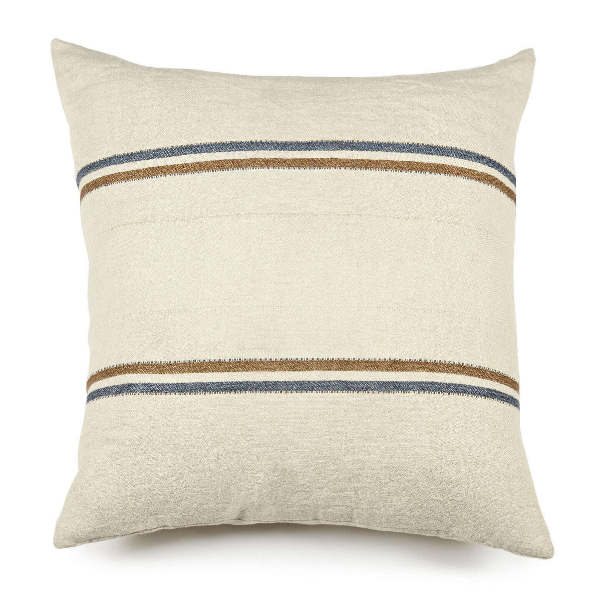Striped Ecru Linen Pillow, 25″ x 25″ square, crafted from beige linen with two horizontal blue and brown stripes at the top and bottom; set against a white background and includes insert.