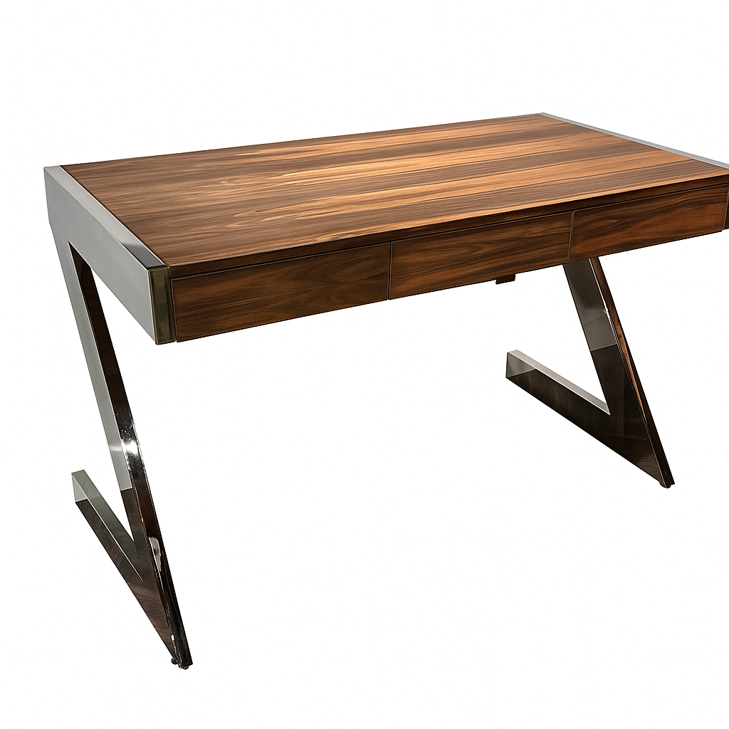 The Vintage Chrome and Walnut Desk features sleek, angled chrome legs and three front drawers, blending vintage charm with modern style—a perfect Z shape desk for any workspace.