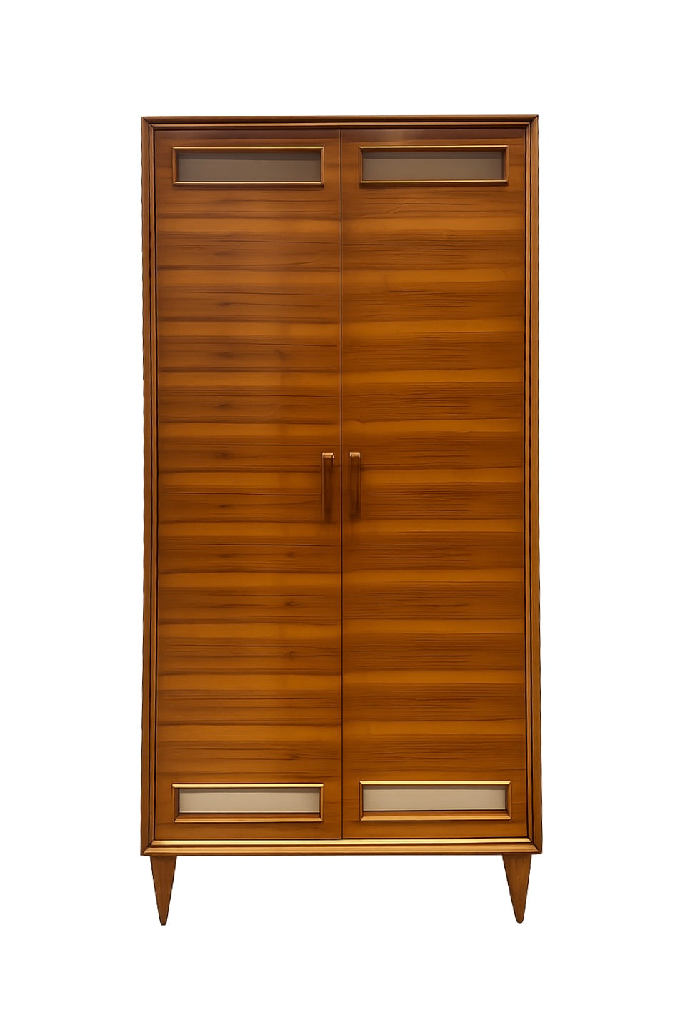 The Vintage Mid Century Armoire features a tall, wooden mid-century modern design with two doors, vertical wood grain, rectangular glass panels at the top and bottom, and angled legs.