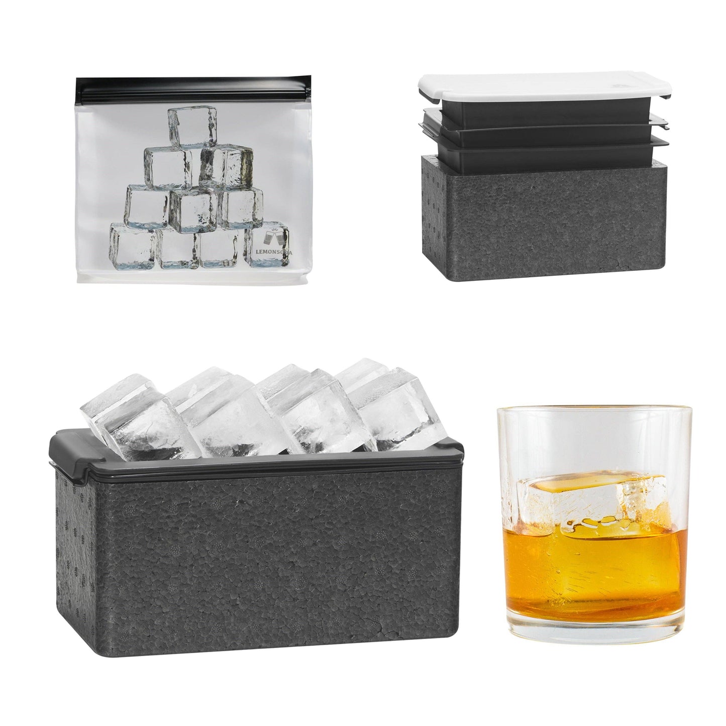 The Ice Cube Maker Tray - Eight 2" Squares Ice Cubes (1pc) in black with a white lid is shown with crystal clear ice cubes, a plastic bag of ice, a whiskey glass with an ice cube, and a side view of the stacked tray—ideal for homemade cocktails.