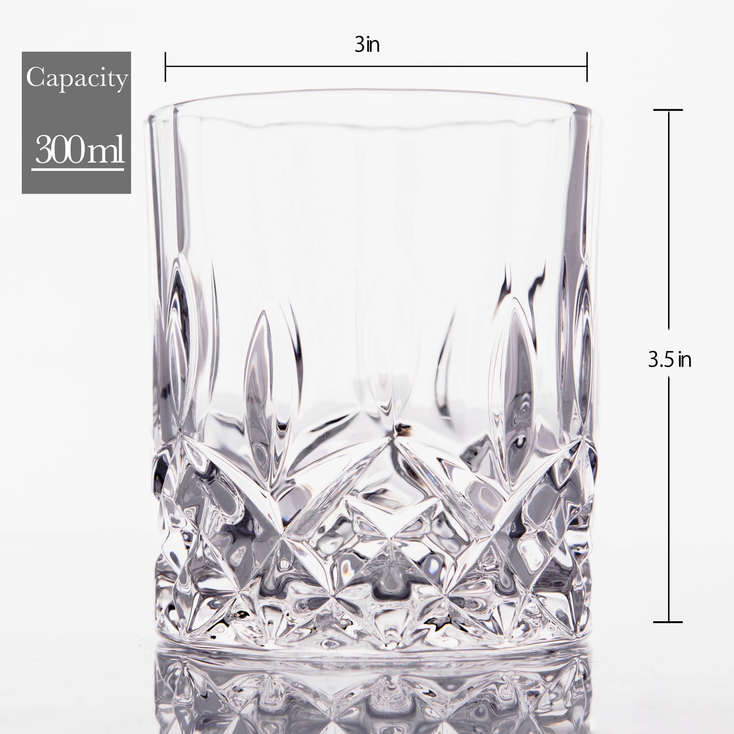 Crystal Cut Old Fashioned Whiskey Glasses 10oz (1pc) feature intricate cut patterns, measure 3" diameter x 3.5" high, hold 300ml, are dishwasher safe, and make a perfect gift for whiskey lovers.