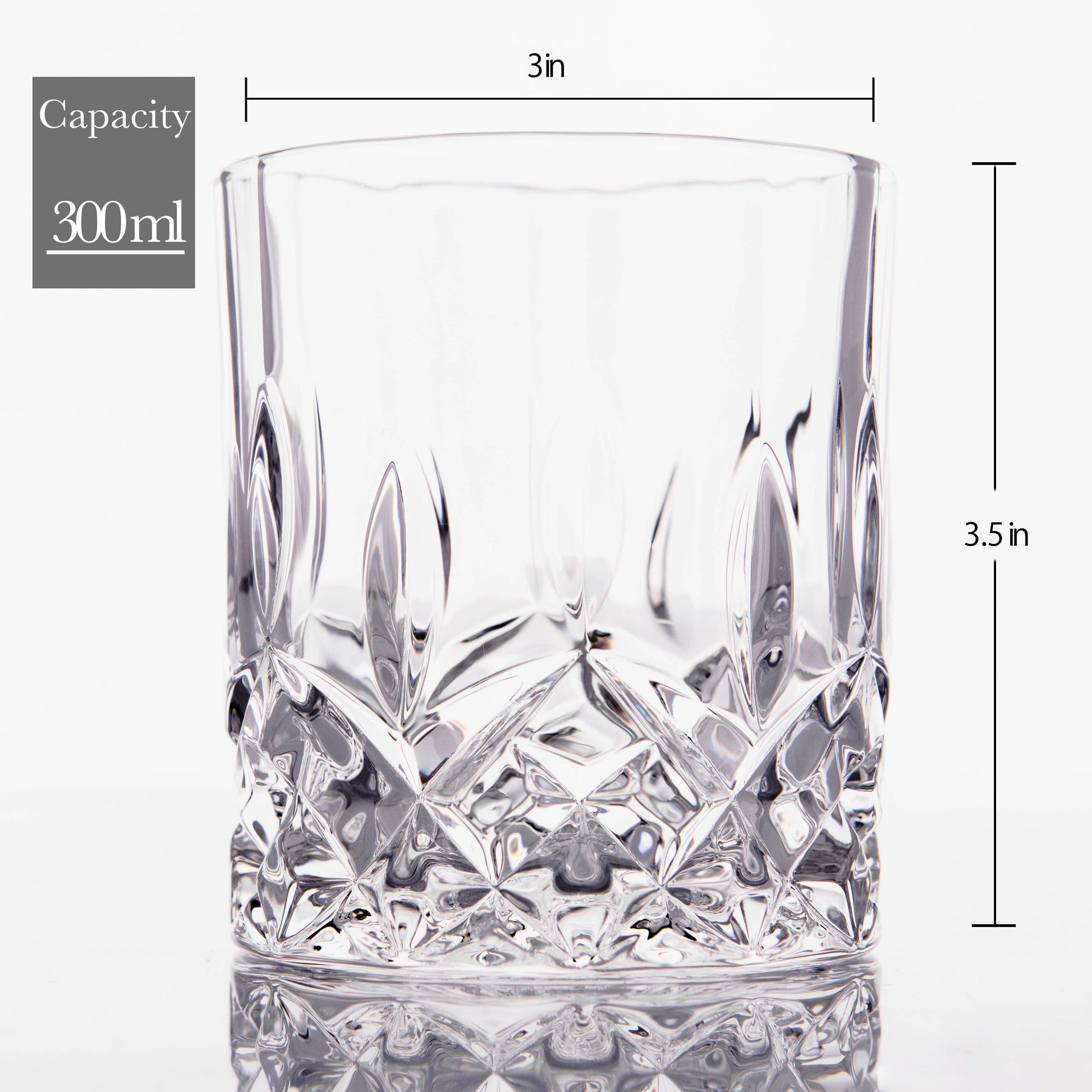 Crystal Cut Old Fashioned Whiskey Glasses 10oz (1pc) feature intricate cut patterns, measure 3" diameter x 3.5" high, hold 300ml, are dishwasher safe, and make a perfect gift for whiskey lovers.