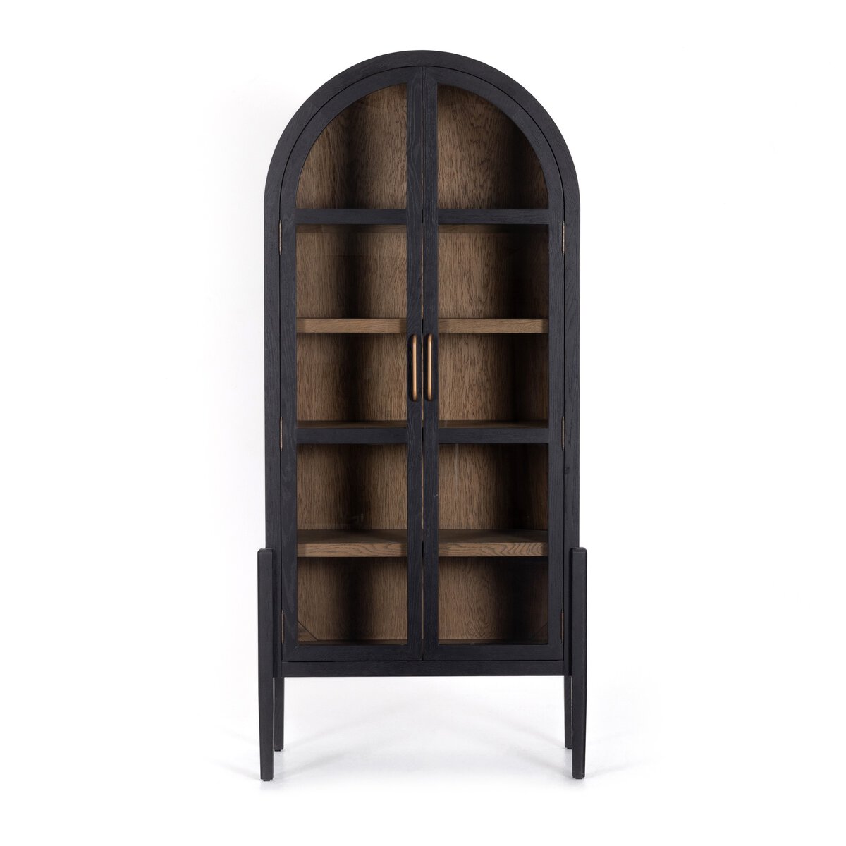 The Black Oak Arched Cabinet features a tall, black wooden frame with an arched top, glass double doors, brass handles, four shelves inside, a lighter wood interior, and stands on four legs—combining elegance with functional storage.