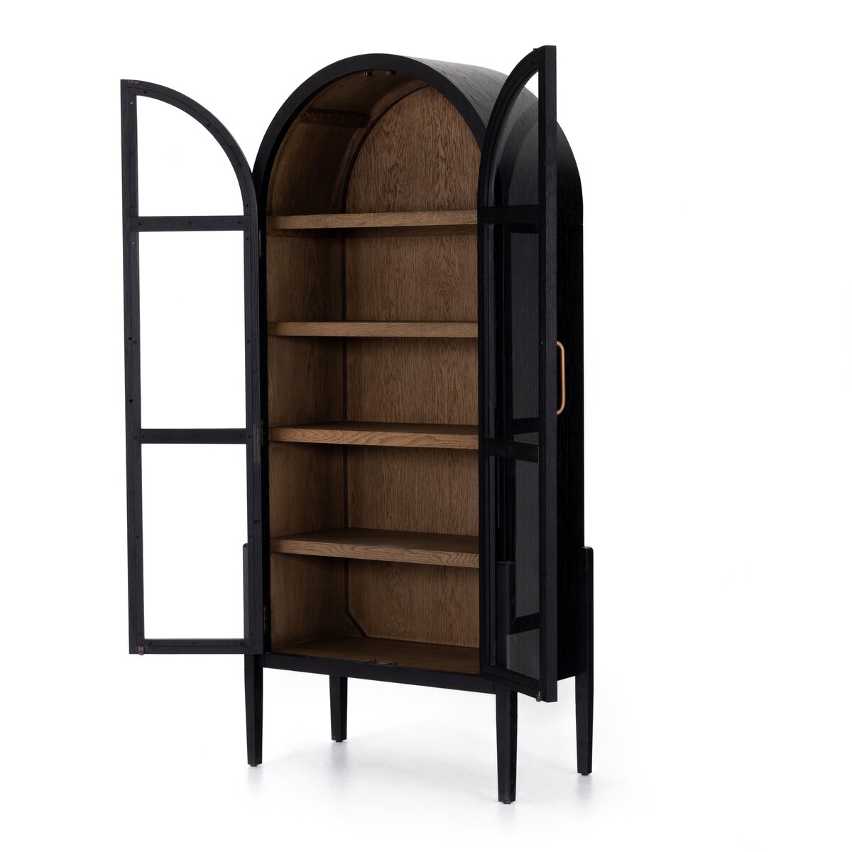 The Black Oak Arched Cabinet features a tall black arch design, glass double doors, wooden shelves, and slender legs. The left door is fully open while the right door is partially open.