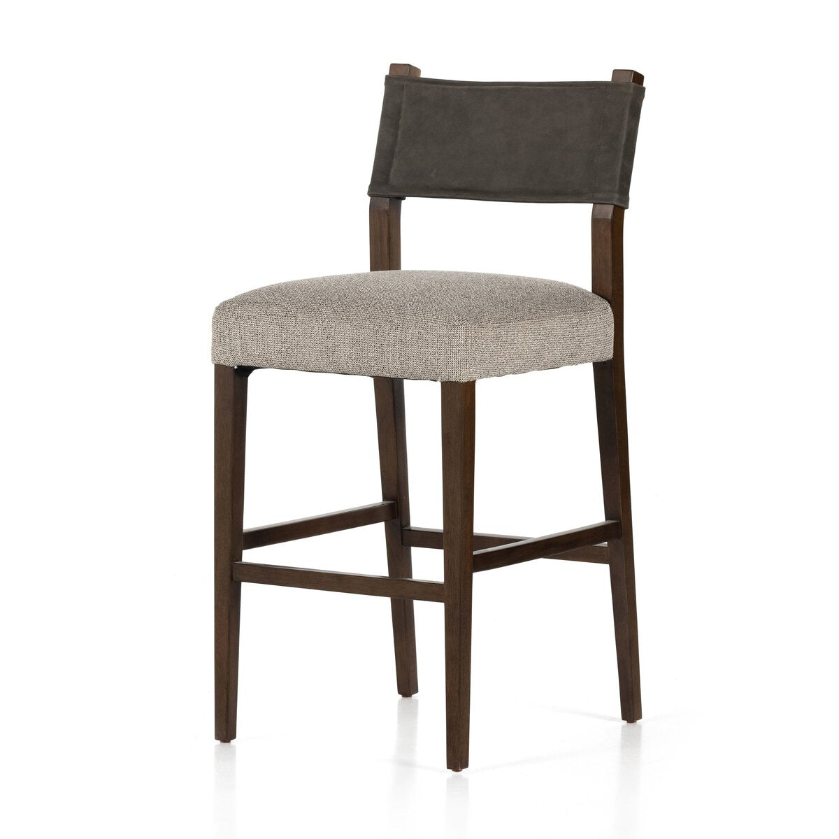 The Leather Back Bar Stool features a dark wooden frame, cushioned beige seat, dark gray backrest panel, footrest, and clean lines. Its dimensions are 20.00"w x 22.00"d x 42.75"h.